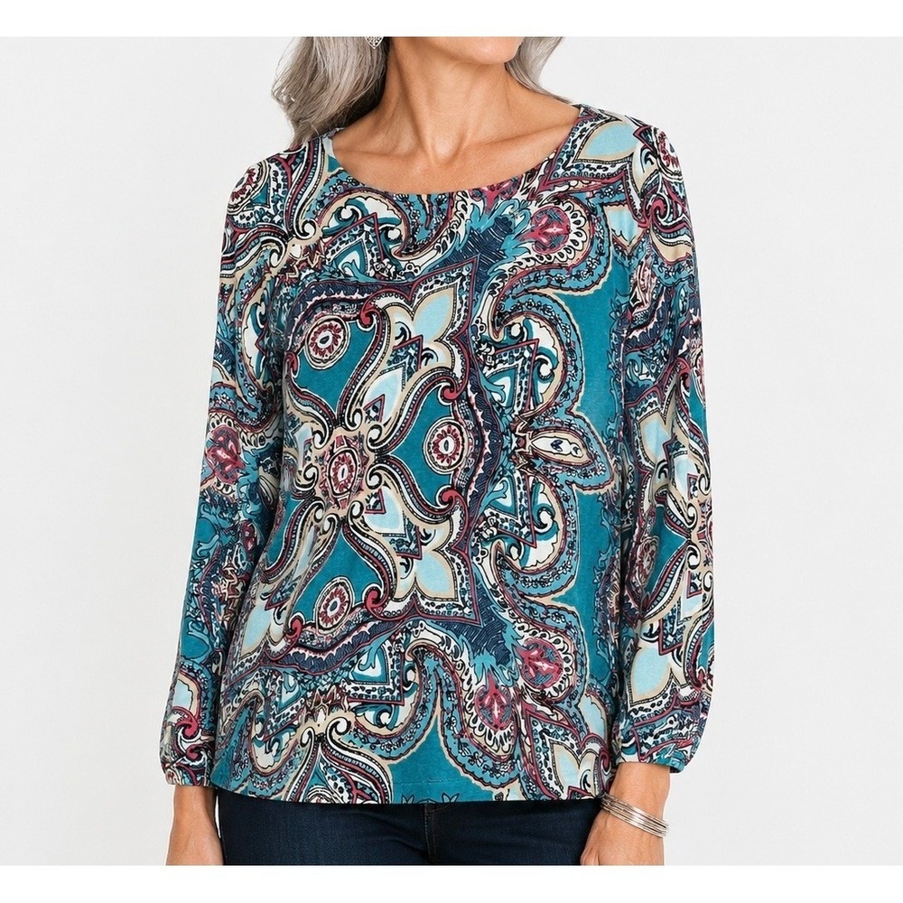 Chicos Paisley Medallion Knit Top Teal Pink Blue Long Sleeve Size 2 large